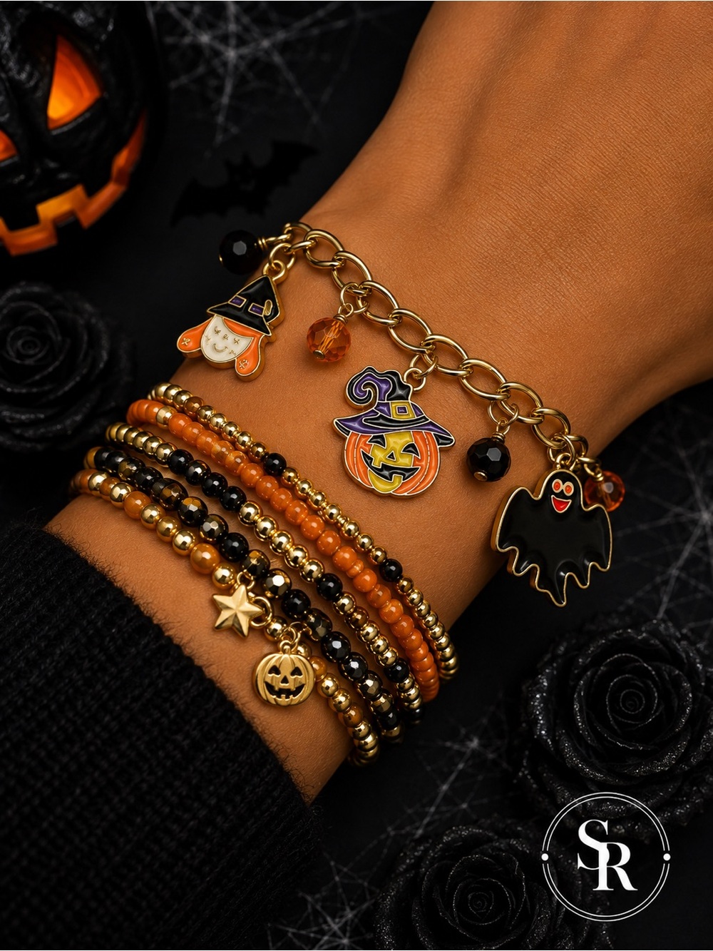 Halloween Witch Ghost Pumpkin Charm Bracelet Gold Tone Enamel NWT
